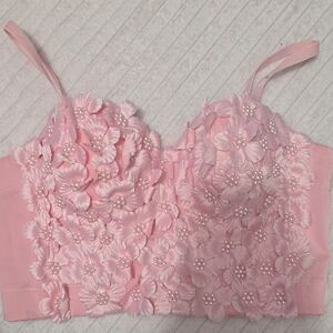 Pink Floral Appliqué Bustier Crop Top